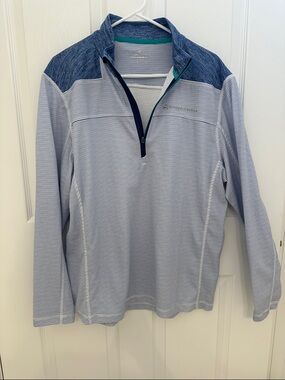 Vineyard Vines Blue and White Striped Performance Pullover with Teal Trim